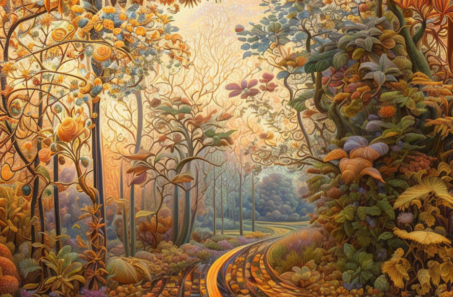 Surreal golden forest with whimsical flora and oversized mushrooms