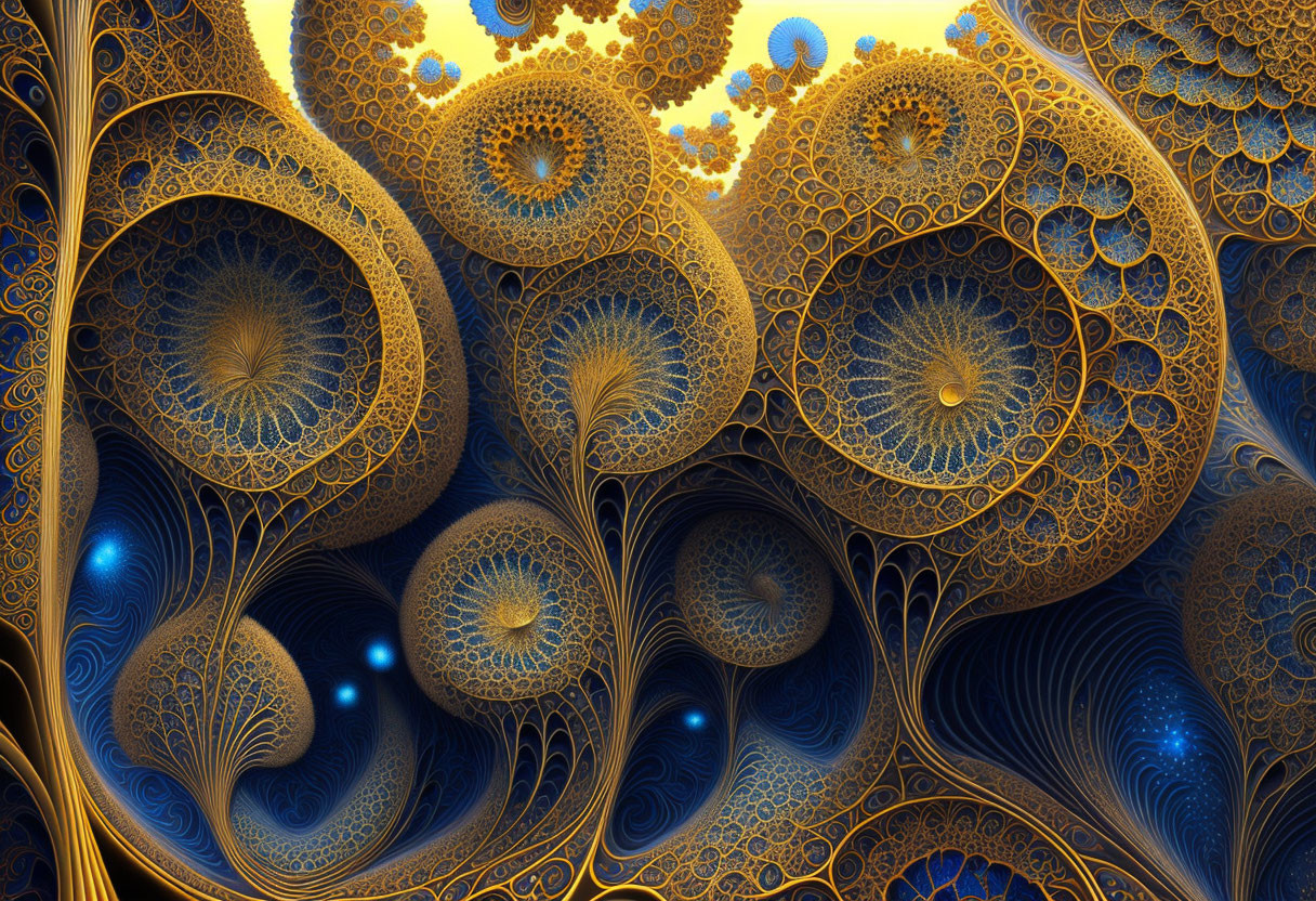 Intricate Blue and Gold Fractal Spiral and Floral Patterns