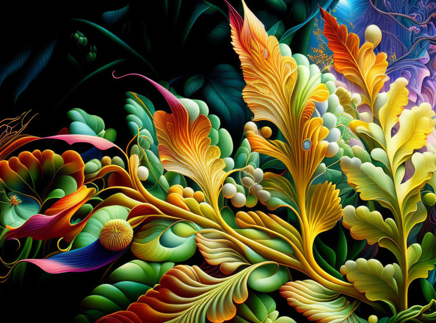 Colorful digital artwork of stylized flora in intricate textures, creating a fantastical garden.