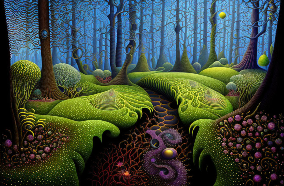 Vibrant forest with glowing orbs and fantastical plants at night