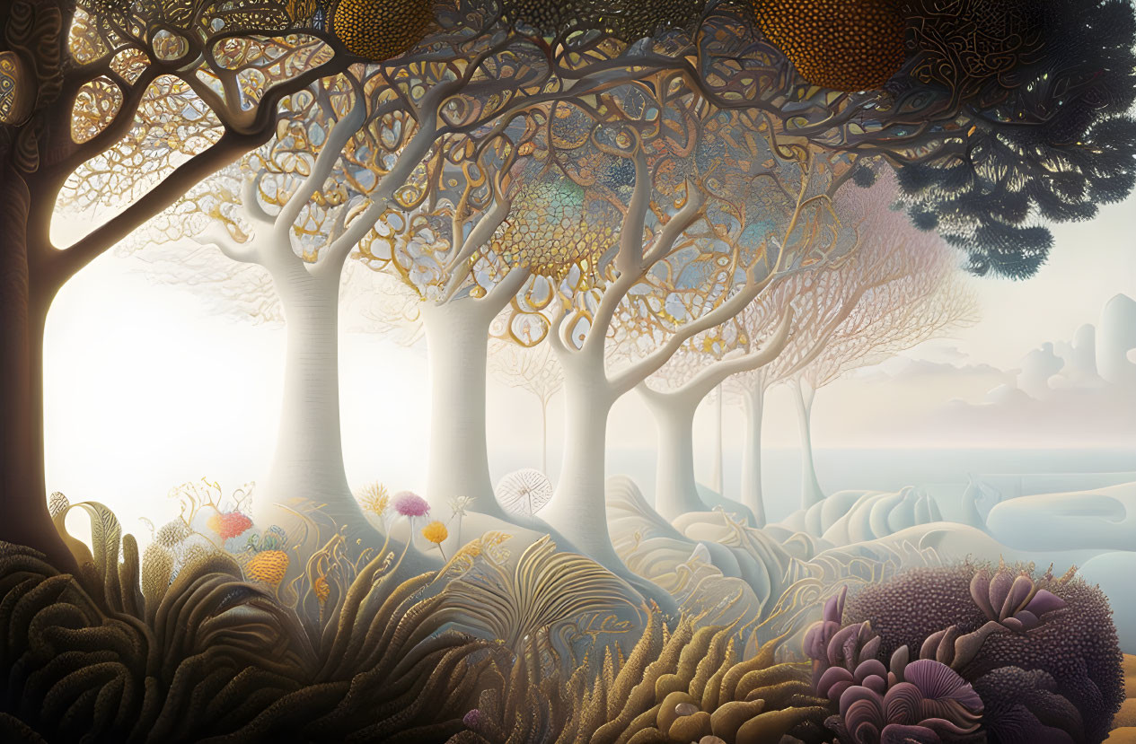 Surreal landscape with stylized trees and coral-like foliage