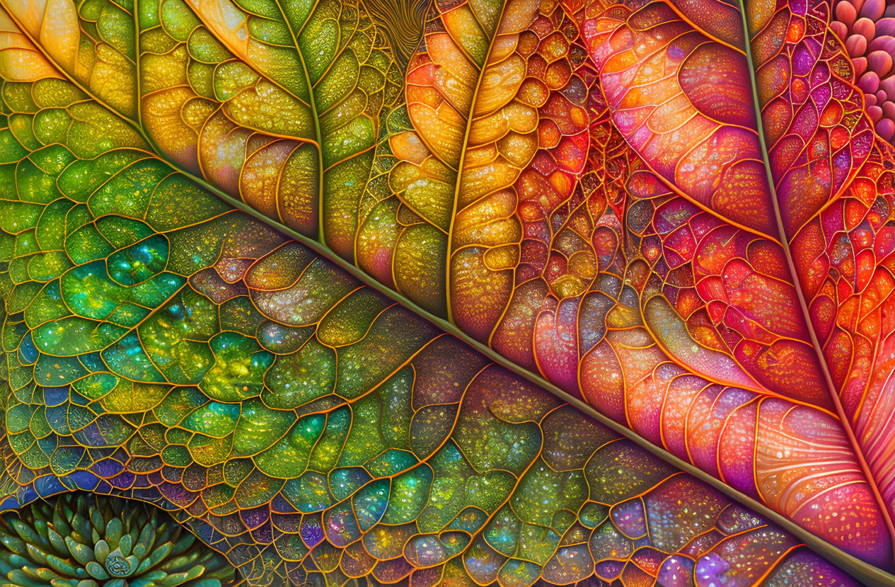 Colorful Fractal Image of Leaf-like Pattern in Green and Orange