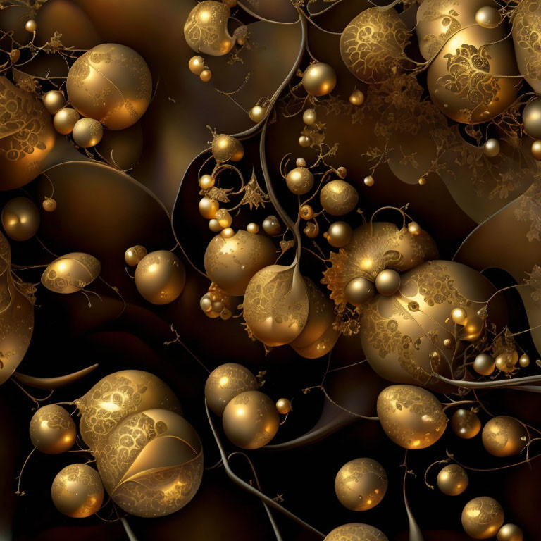 Abstract Golden Spheres on Dark Background: Festive Ornaments Theme