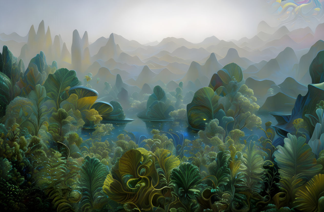 Fantastical landscape with lush foliage, misty mountains, serene lake