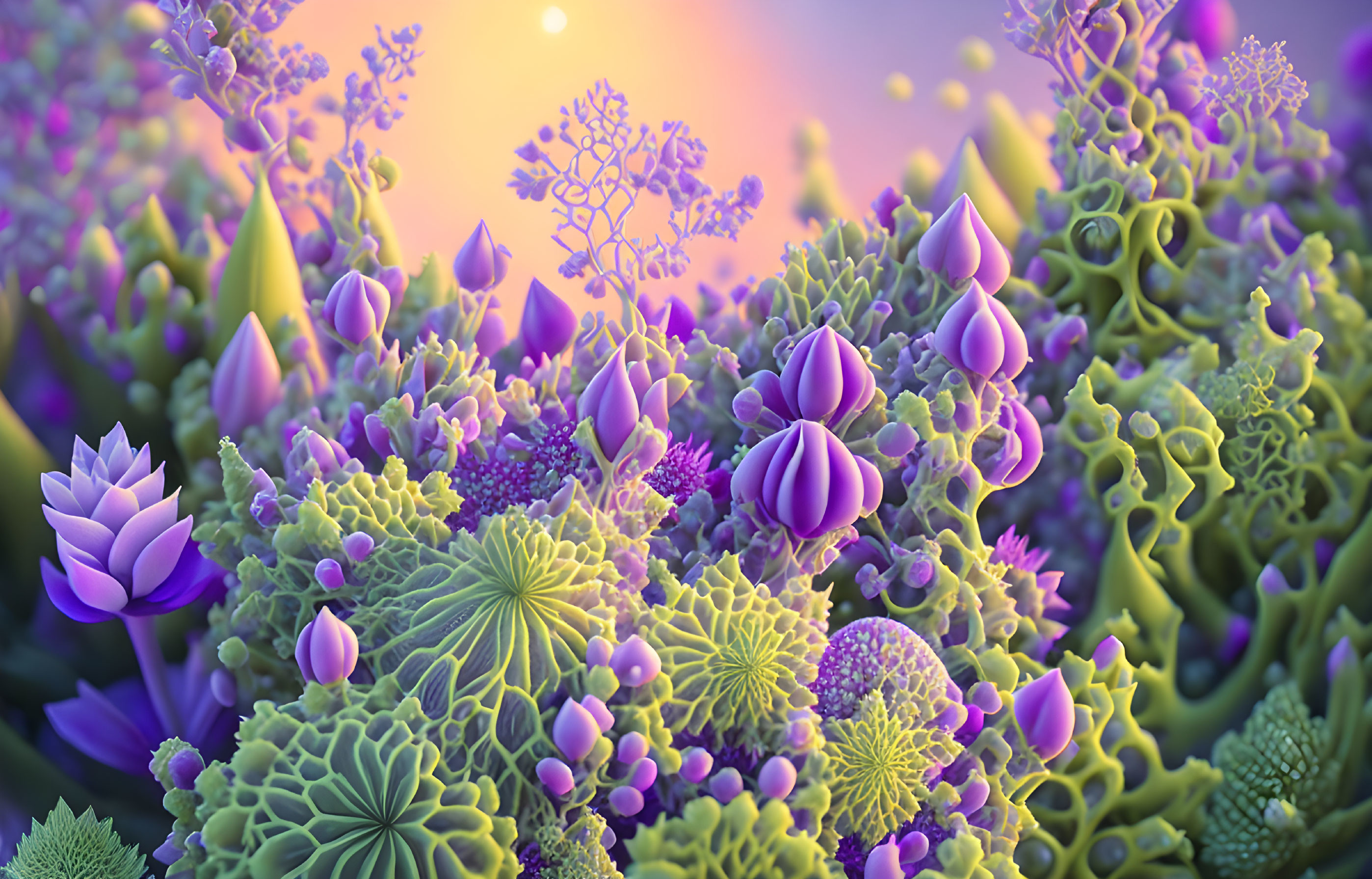 Ethereal fantasy garden with purple and green flora under pastel sunset