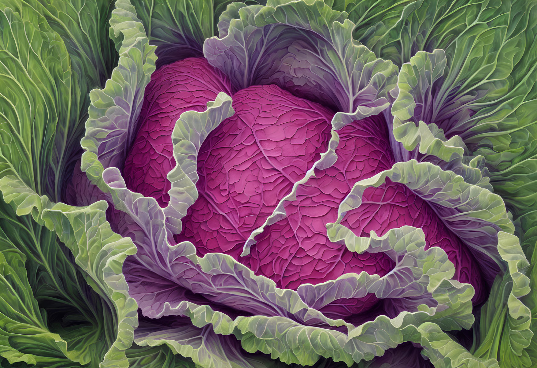 Detailed digital art: Vibrant purple cabbage with lifelike texture surrounded by green leaves