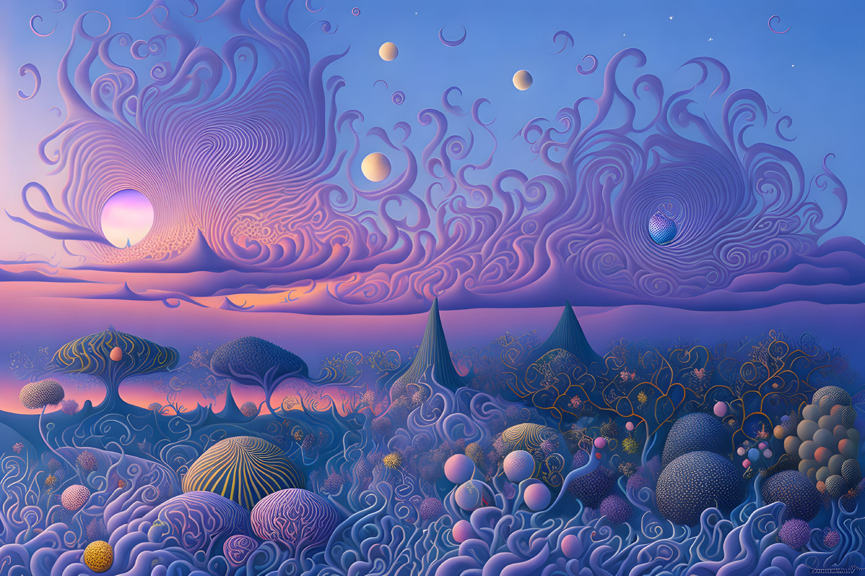 Fantastical landscape with purple skies, whimsical trees, and colorful spheres under multiple moons