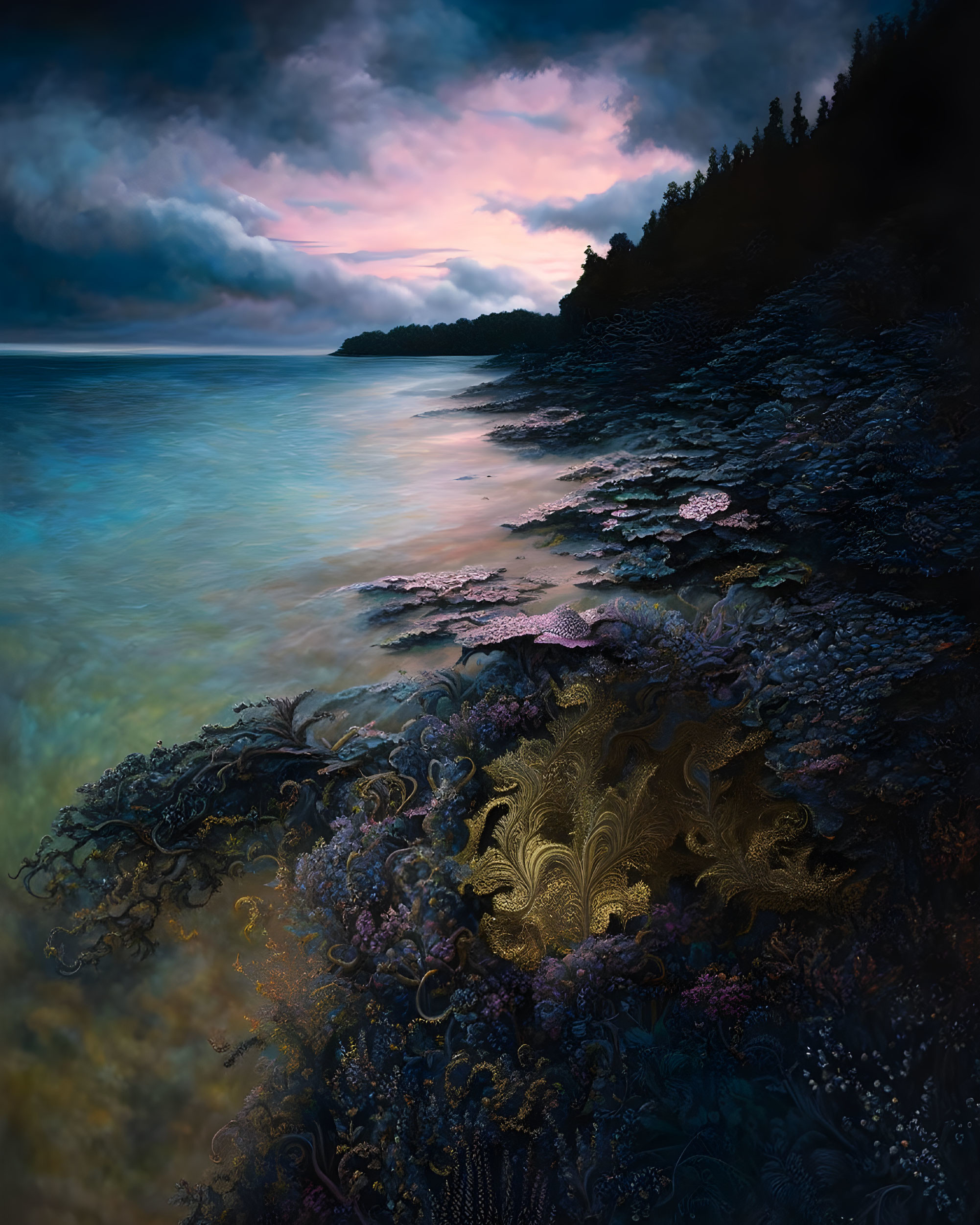 Twilight coastal scene with fractal patterns, rocky shore, calm sea, forested hill, mo