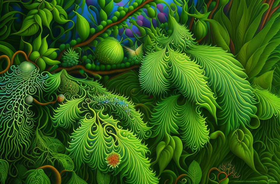 Detailed artwork of lush green foliage with intricate patterns and fantasy-like flora