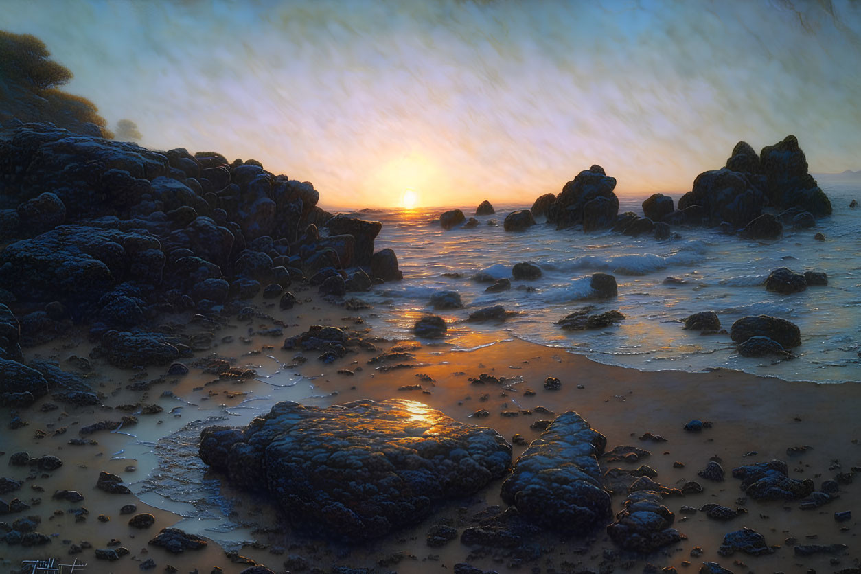 Sunset beach scene with reflections on wet sand and rocks under cloudy sky