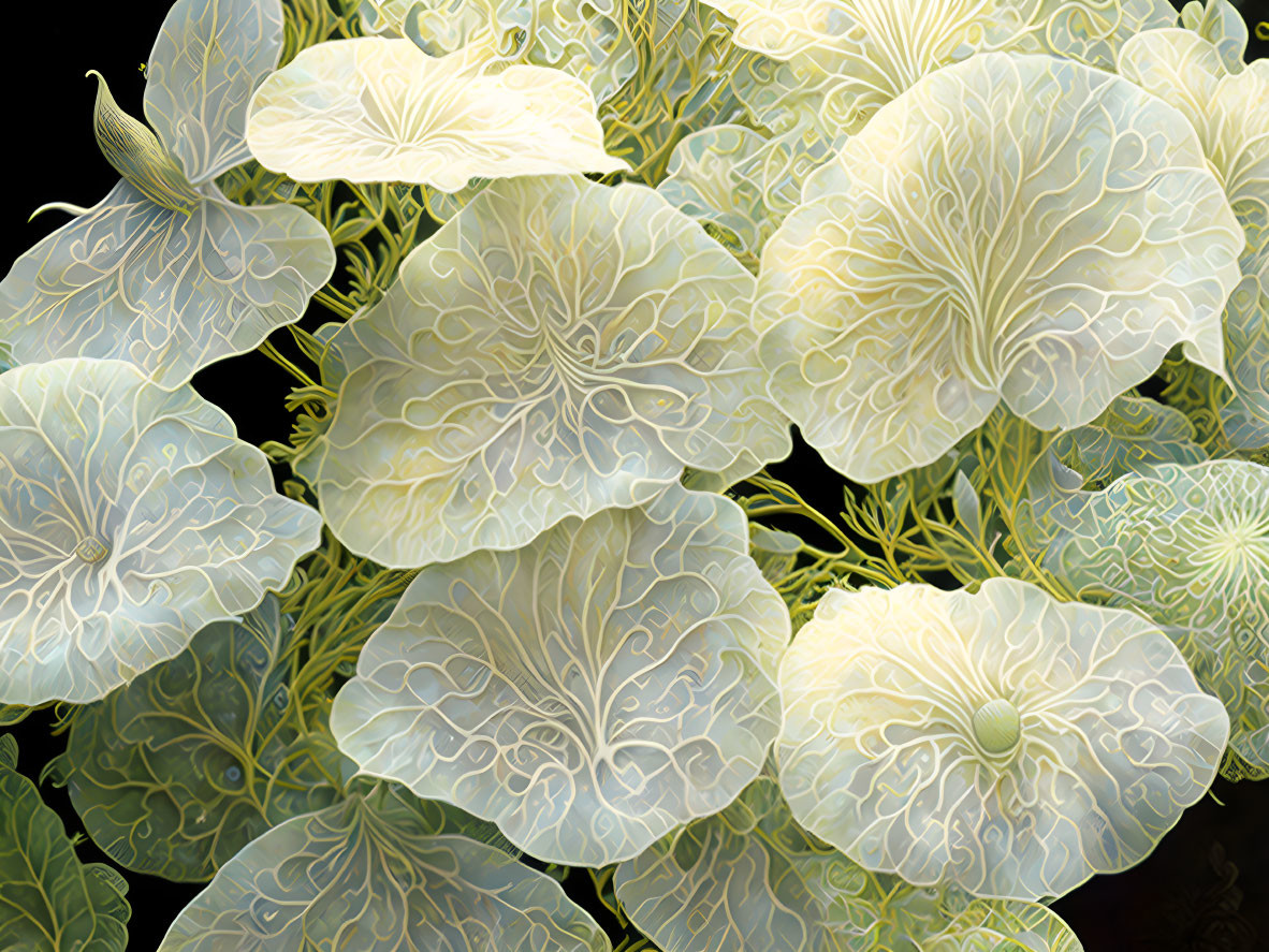 Intricately patterned green and white leaves on dark background