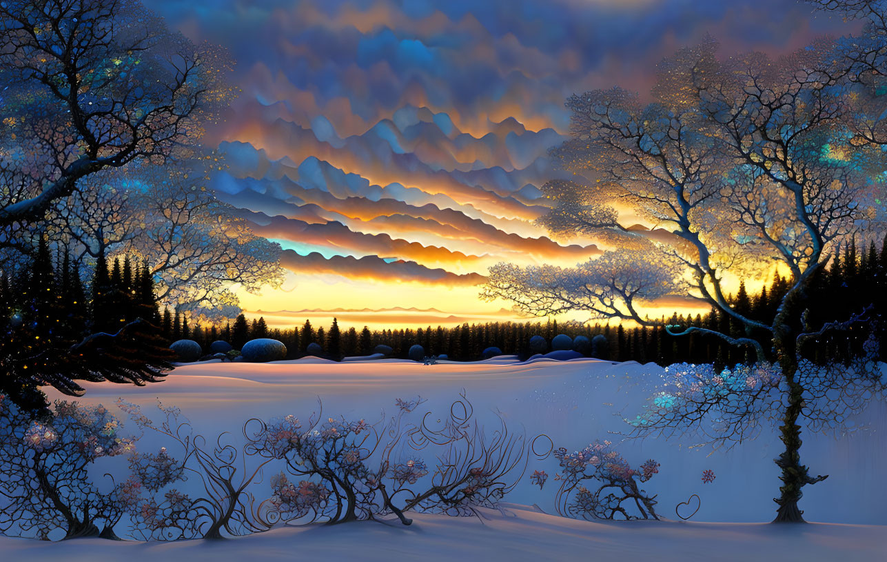 Snow-covered Winter Landscape at Dusk with Frosty Trees and Vibrant Sky