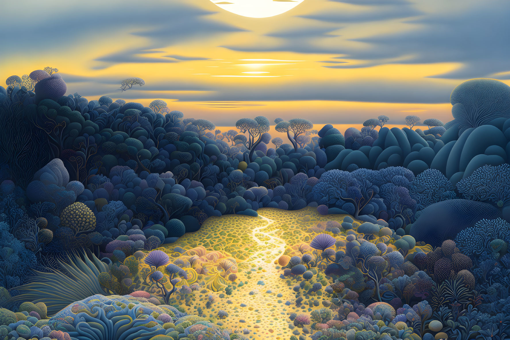 Colorful Path Through Stylized Sunset Landscape