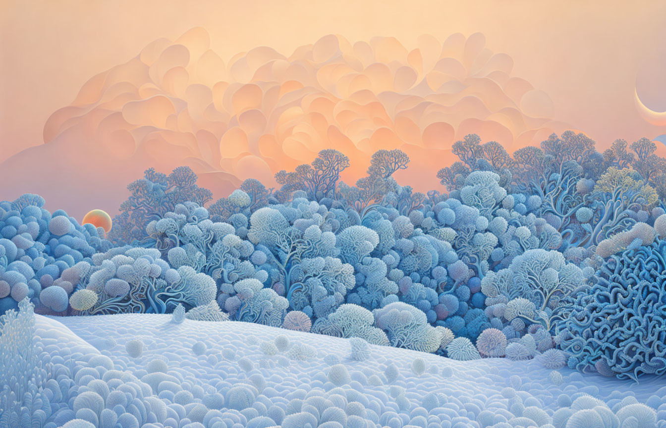 Surreal landscape with coral-like formations under pastel sky