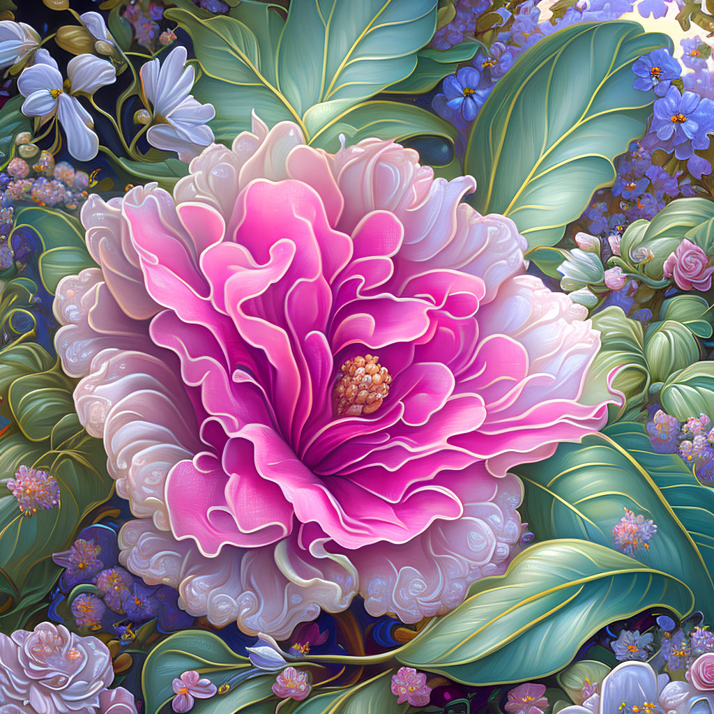 Colorful digital artwork: Large pink flower with blue and purple flowers and green foliage.