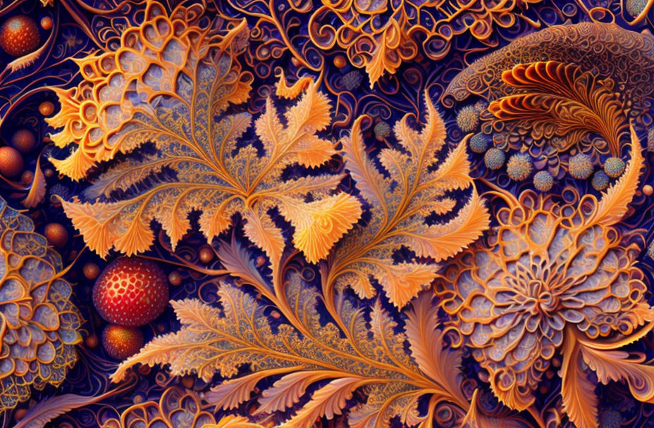 Colorful fractal art: intricate leaf patterns in orange and blue