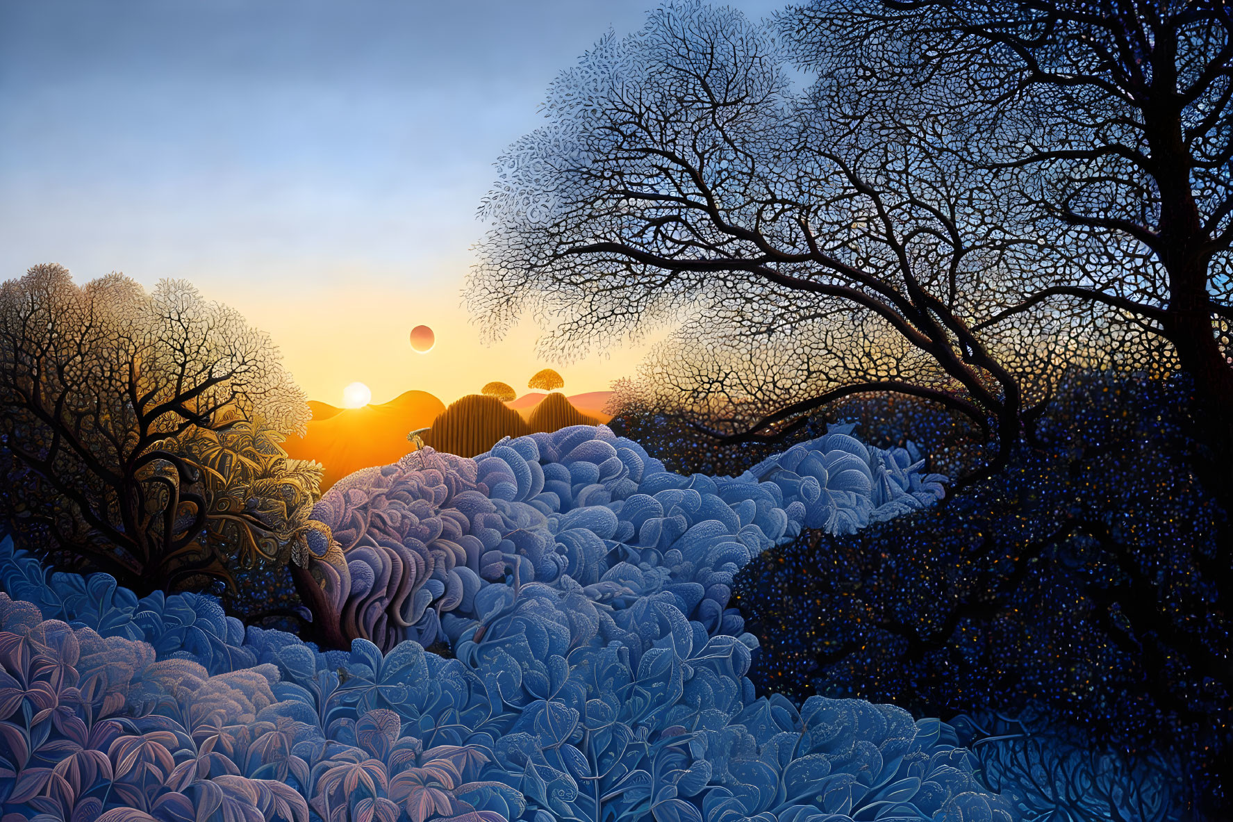 Surreal landscape with stylized trees and blue foliage under dual-toned sunset sky