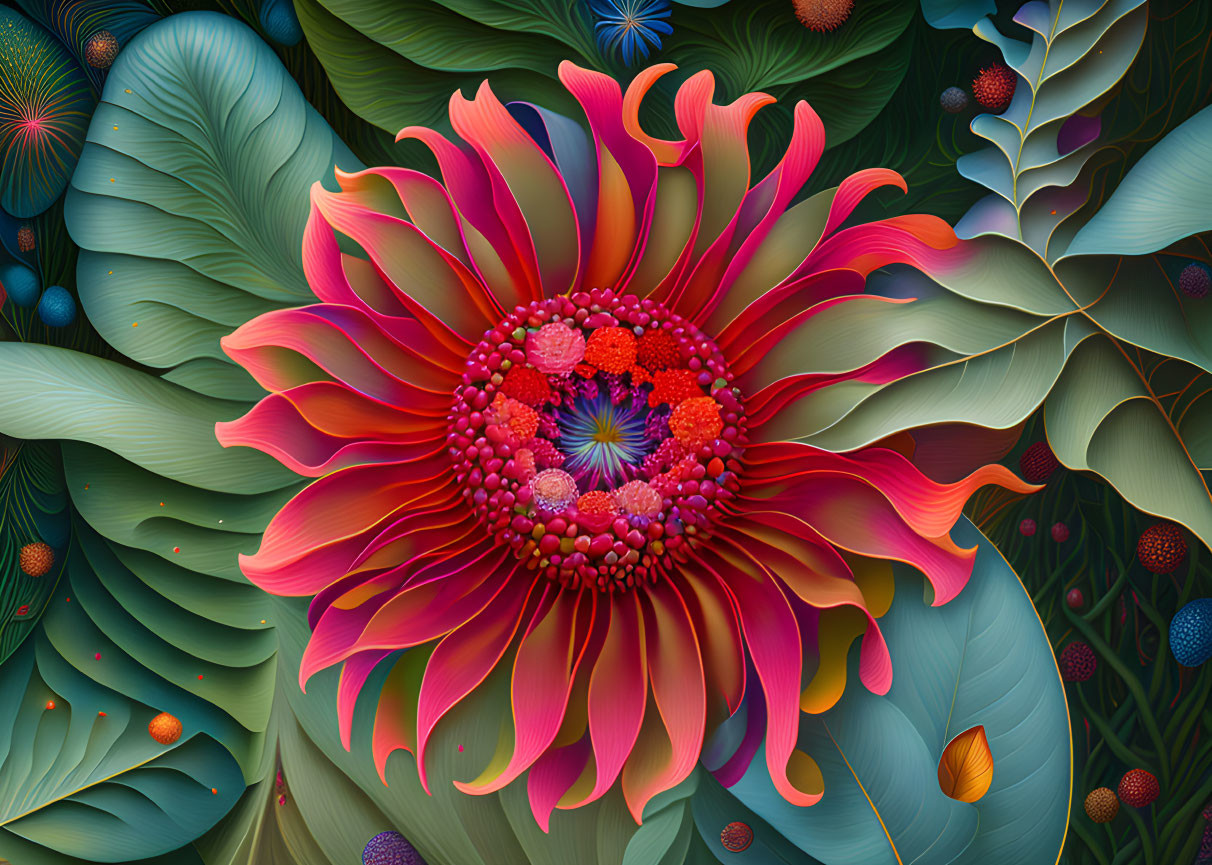 Colorful Stylized Flower Art Against Leafy Foliage