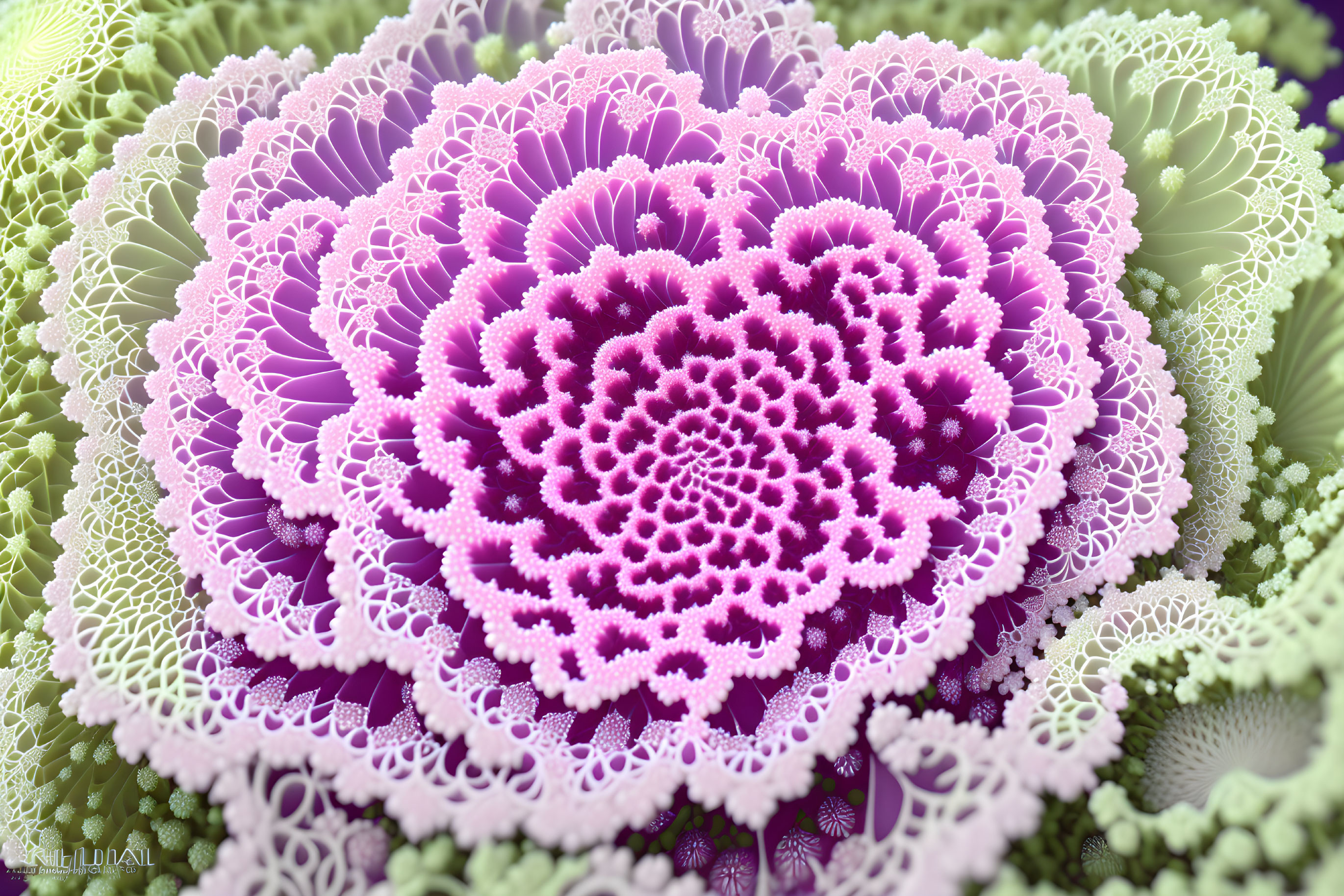 Fractal pattern of blooming flower with purple and green layered petals