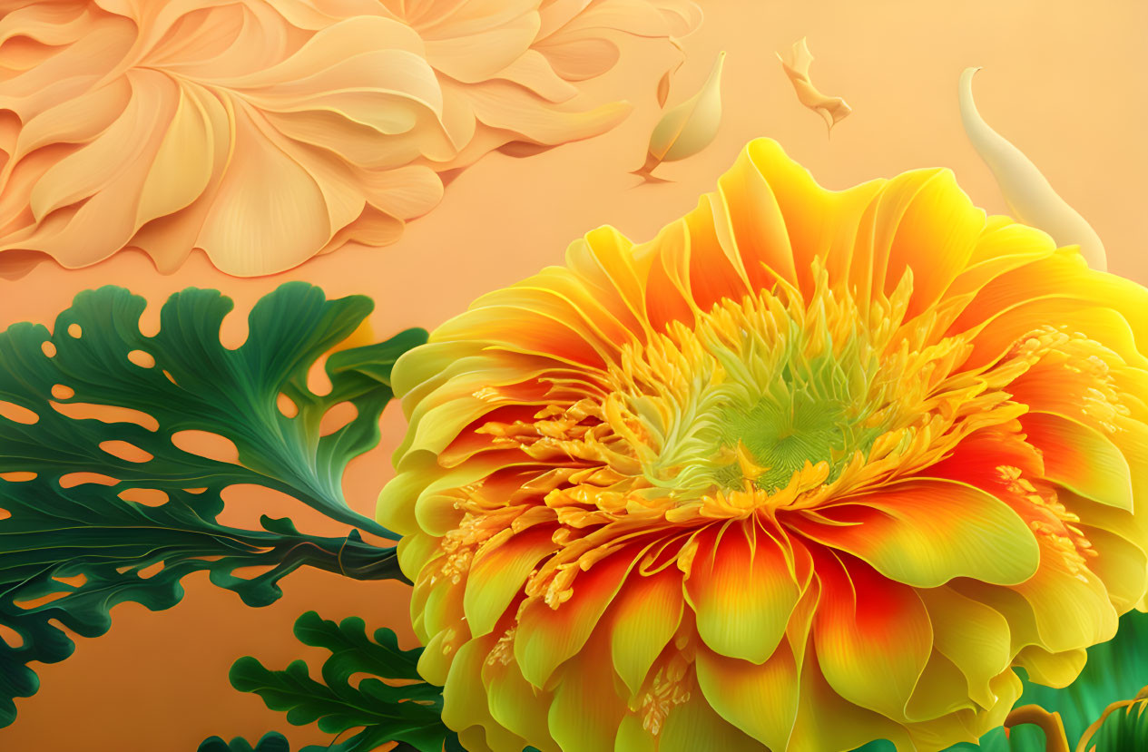 Detailed digital artwork: Orange-yellow flower with vibrant petals and leaves on warm background