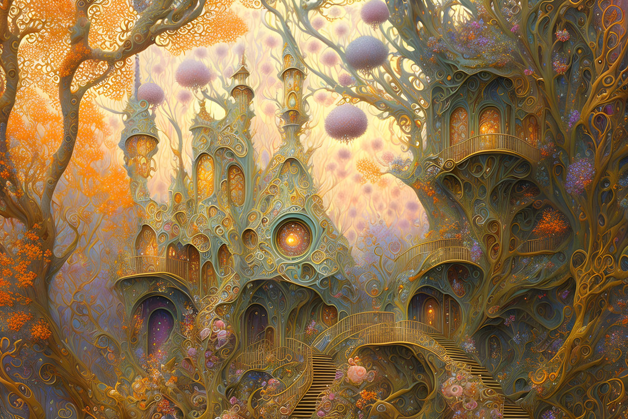 Intricate golden tree-like structures with purple foliage and floating orbs