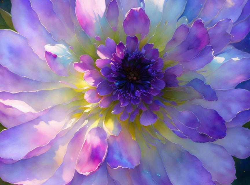 Colorful digital flower painting with purple center and pink/blue gradient petals.