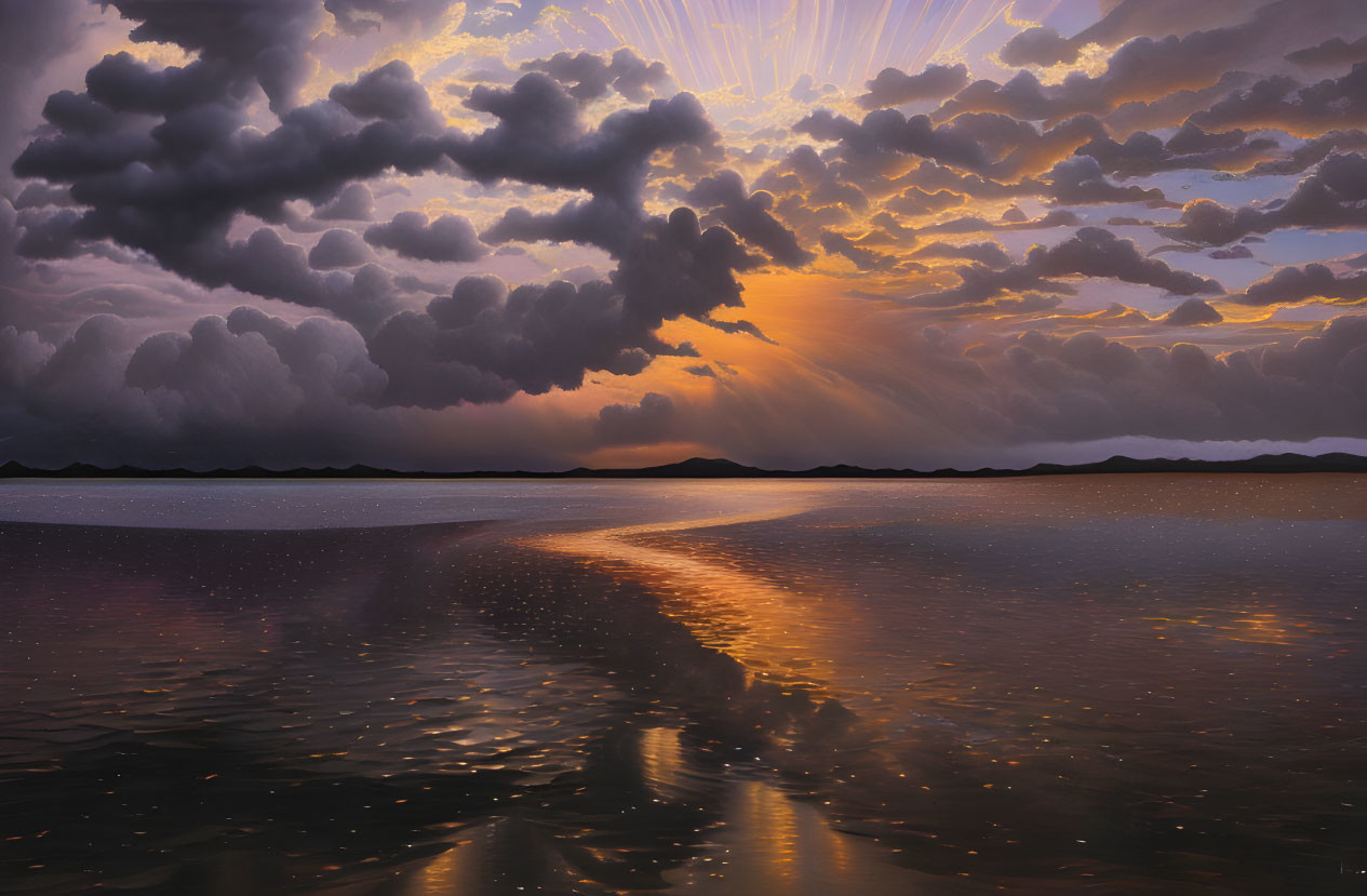 Tranquil sunset scene with dramatic clouds over calm lake