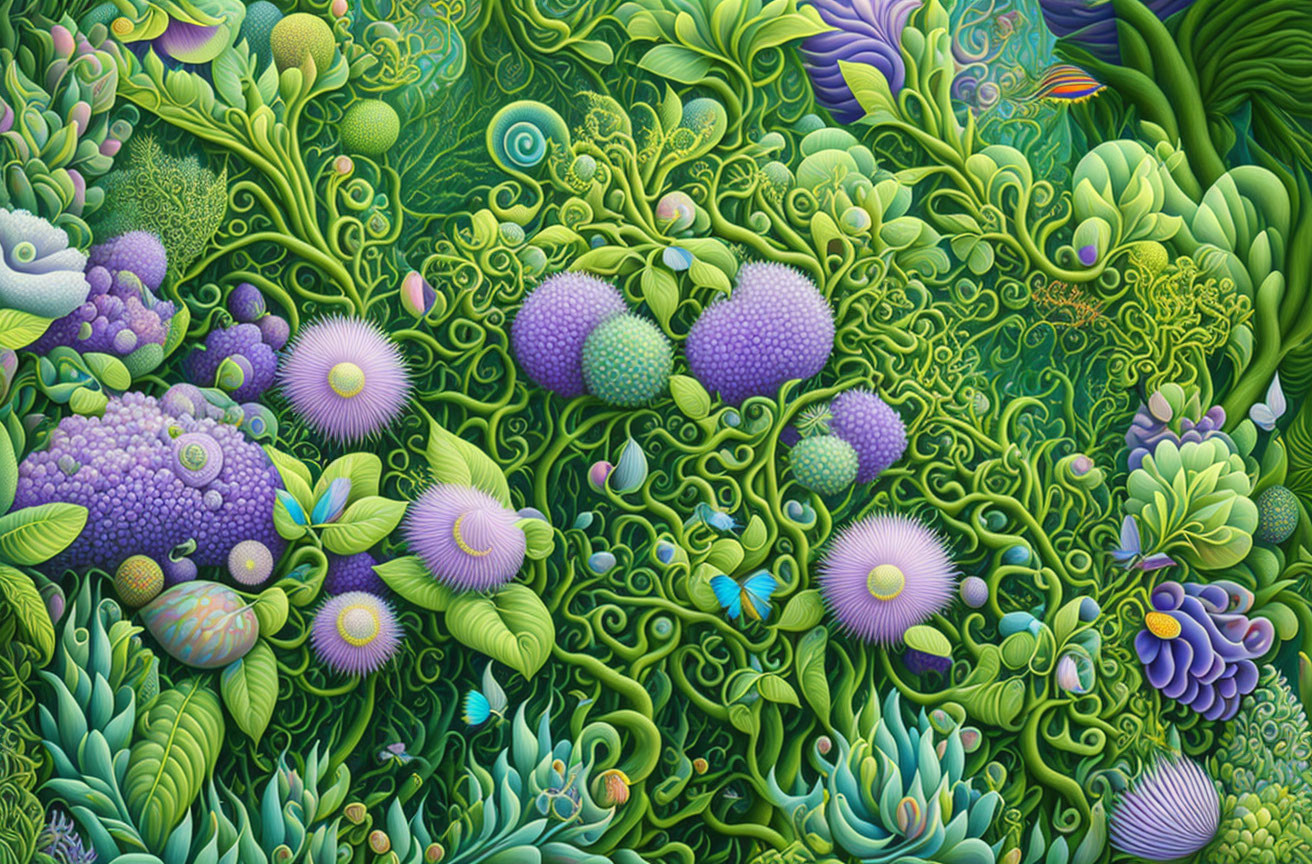 Detailed digital artwork of stylized, fantastical plant forms in green and purple.