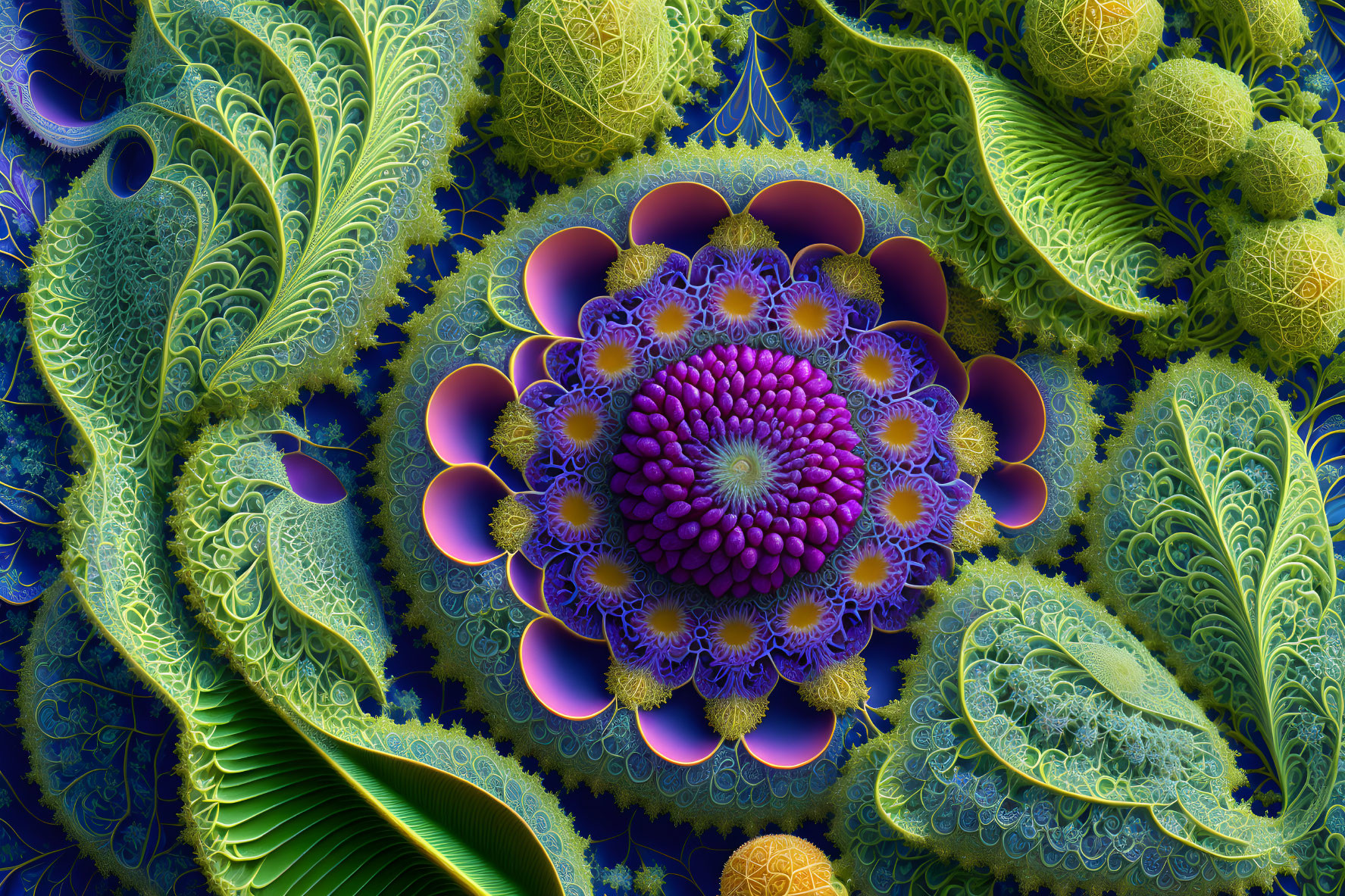 Colorful Fractal Image: Flower-Like Patterns in Blue, Green, and Purple