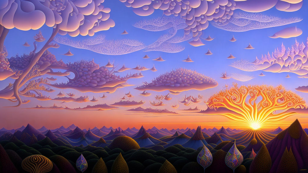 Colorful surreal landscape with radiant sun, rolling hills, intricate trees, and whimsical clouds.