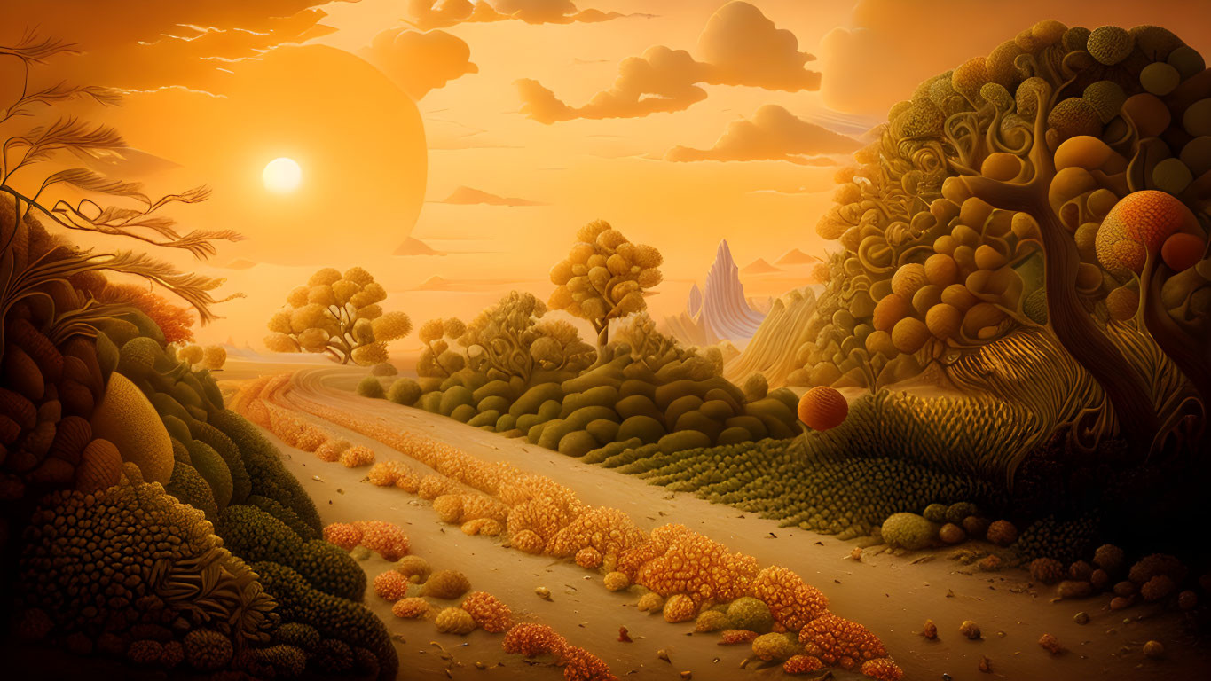 Surreal landscape with winding path, odd vegetation, and large setting sun