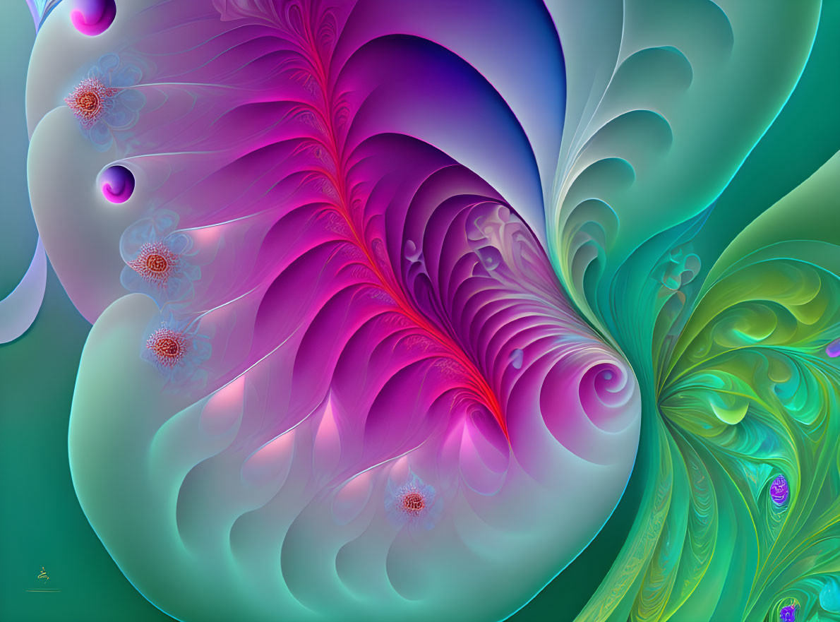 Vibrant digital art: green, purple, pink swirls & fractals