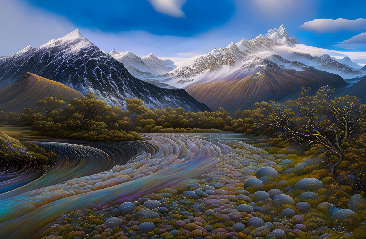 Surreal landscape with winding river, colorful pebbles, trees, and snow-capped mountains