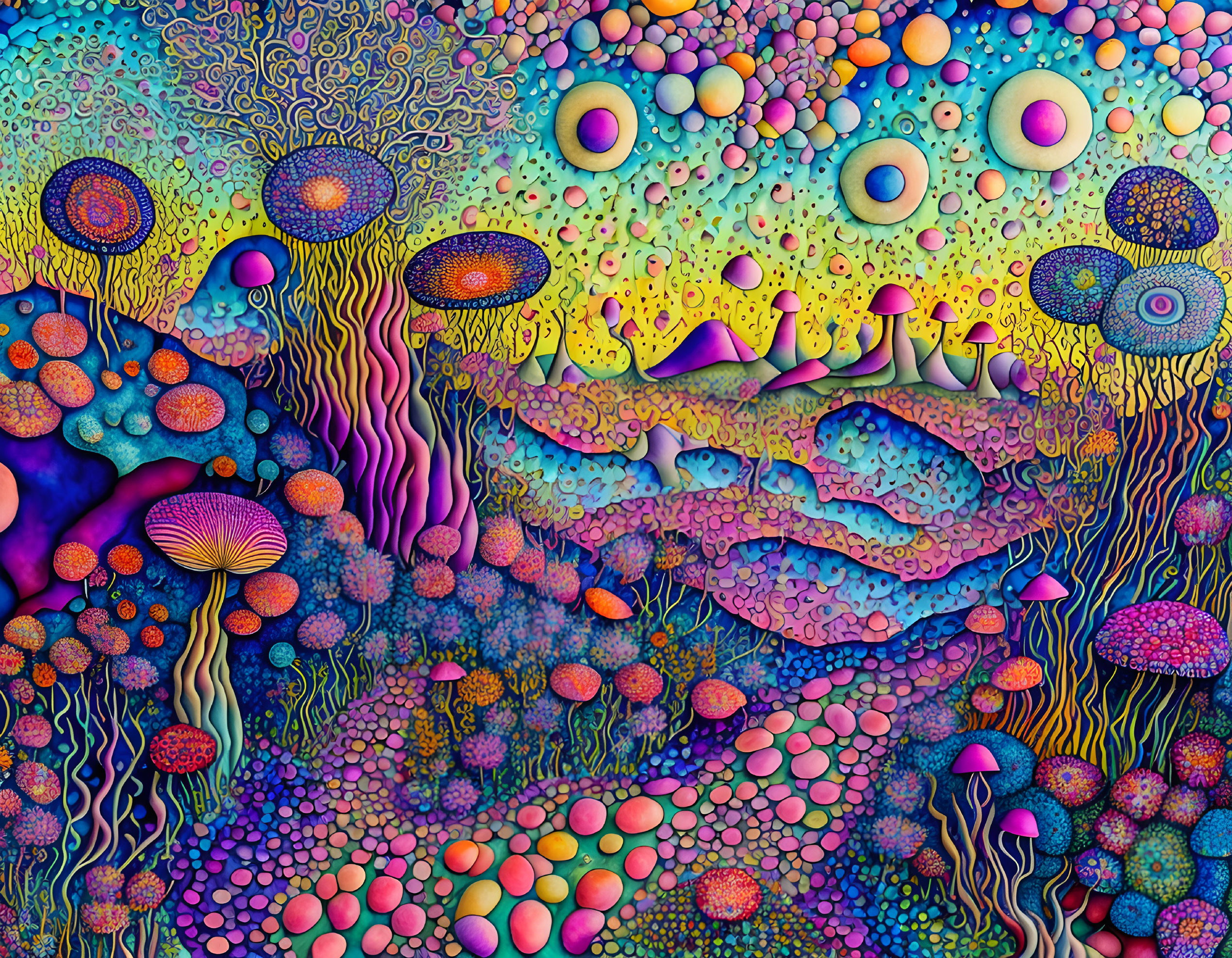 Colorful Abstract Psychedelic Artwork with Alien Landscape and Mushroom Shapes