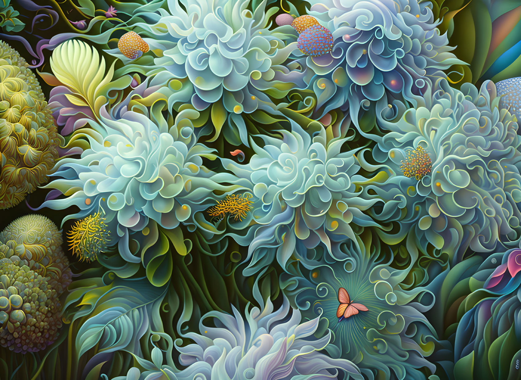 Detailed floral illustration in blue and green with orange butterfly