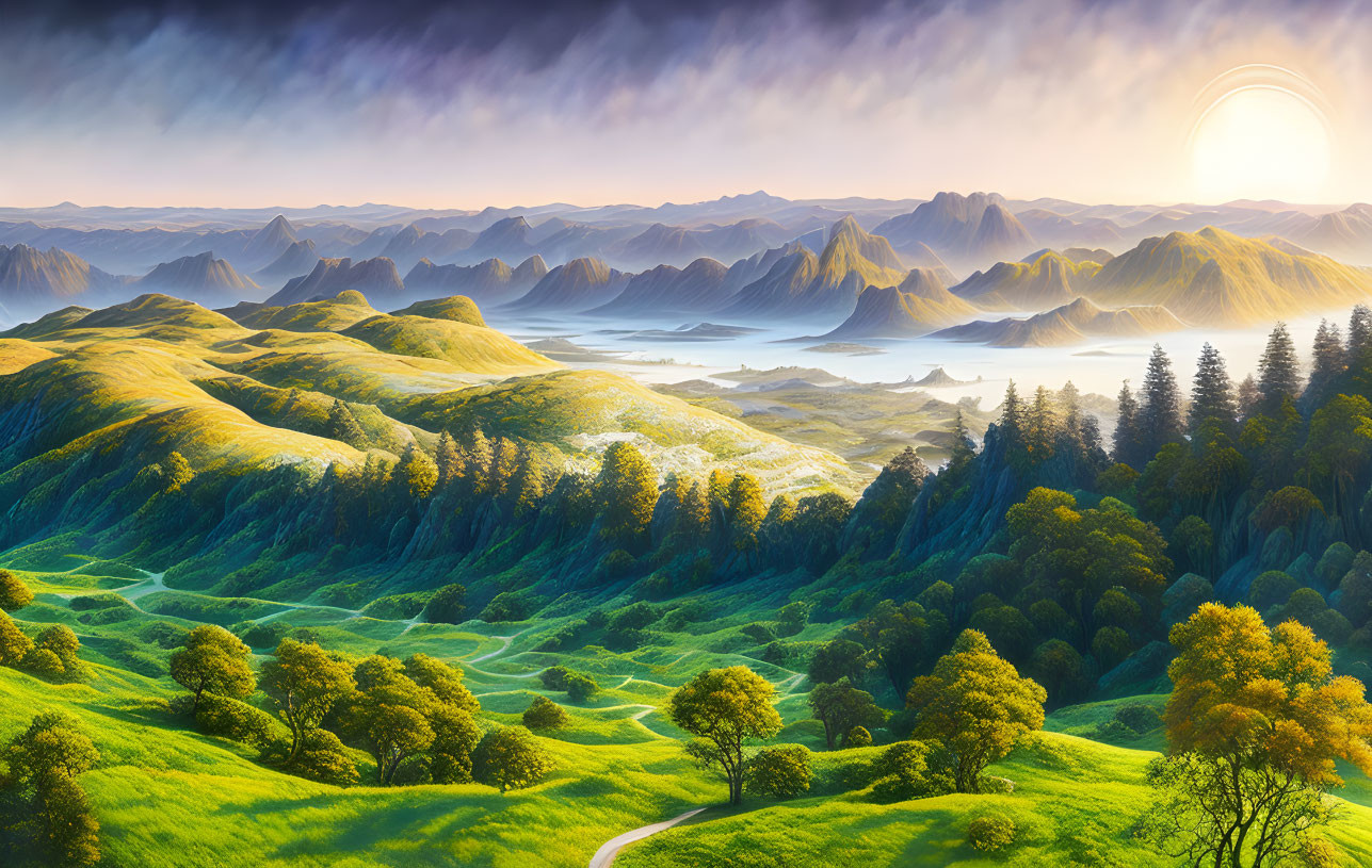 Scenic landscape: lush green hills, winding path, lakes, misty mountains at sunrise