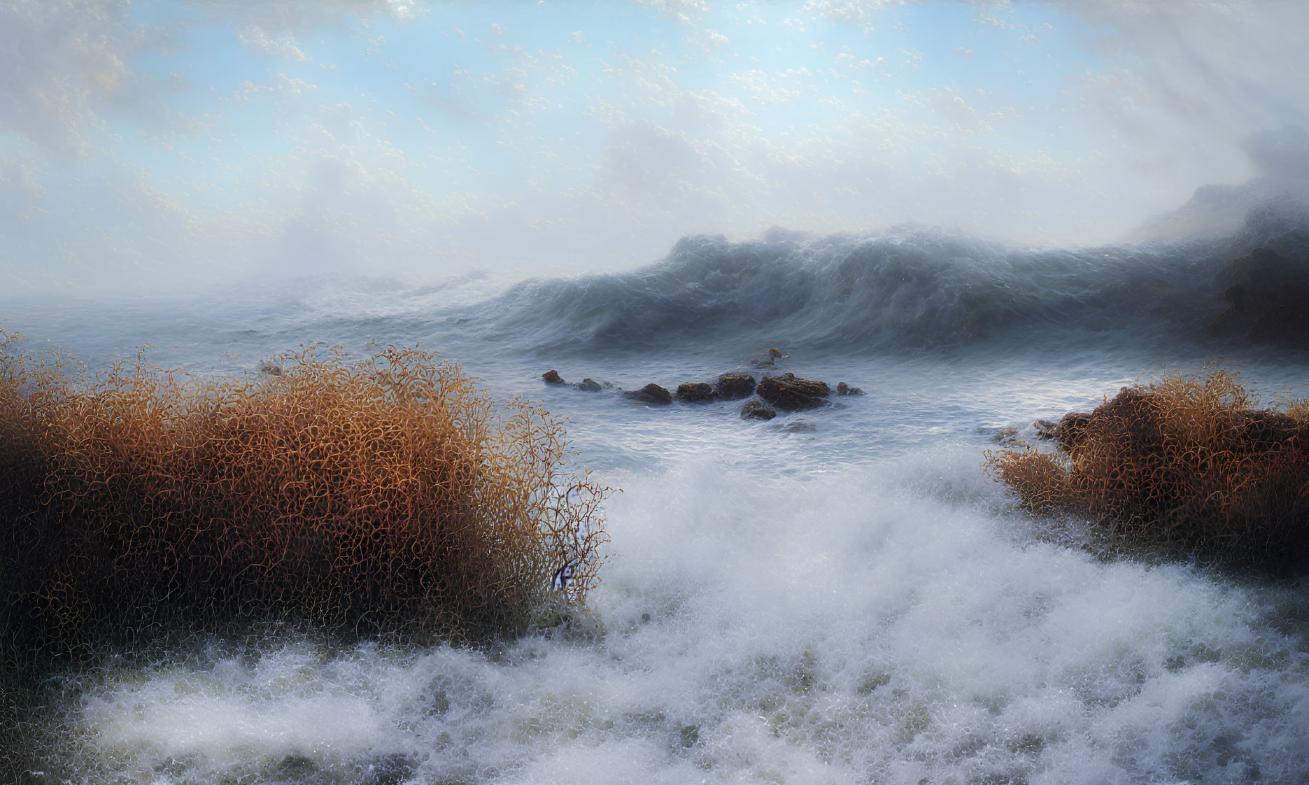 Large textured wave crashing onto shore with frothy waters and dry vegetation under cloudy sky