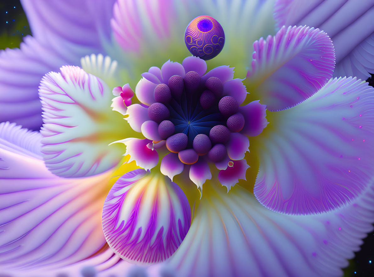 Colorful digital artwork: Purple and blue sphere with layered petals in purple, white, and yellow.