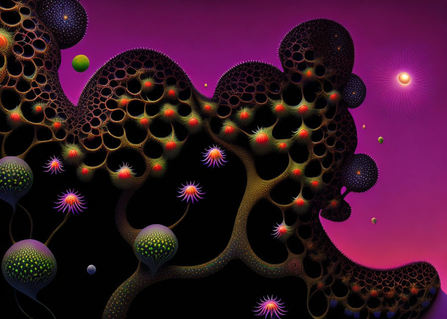 Vibrant fractal art: intricate purple, green, and orange patterns on dark backdrop