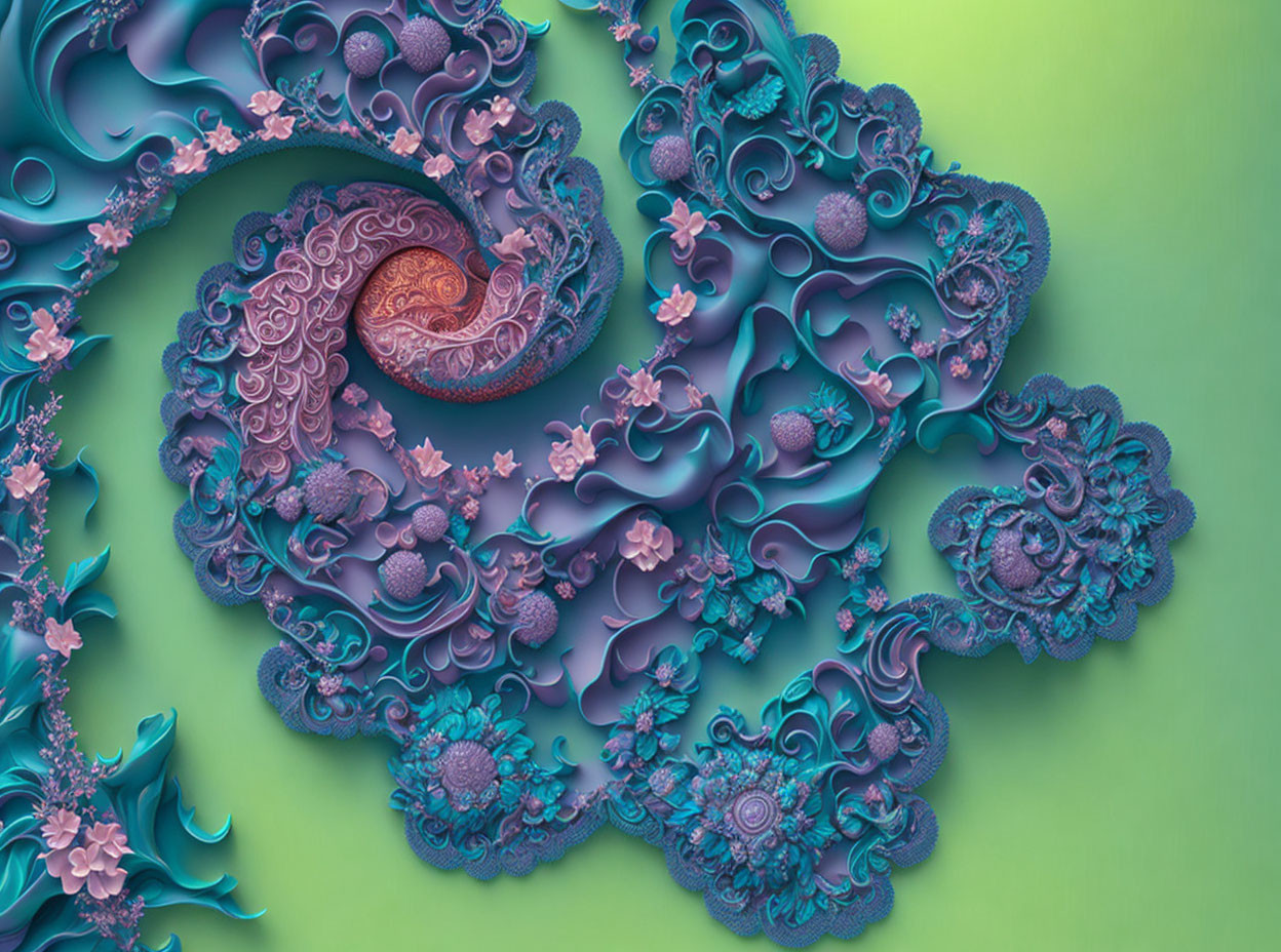 Detailed Fractal Image: Blue and Purple Swirls on Lime Green Background