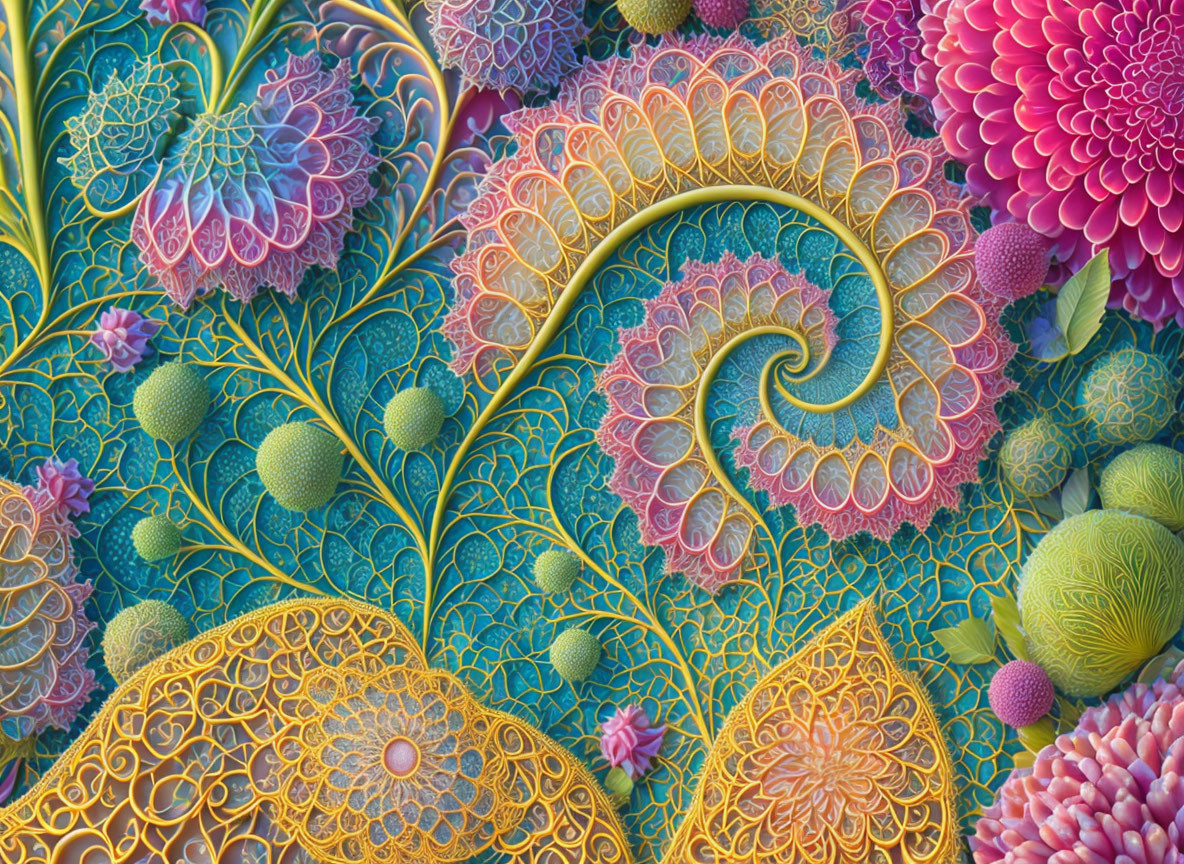 Colorful Floral Fractal Art in Blues, Greens, Pinks, and Yellows