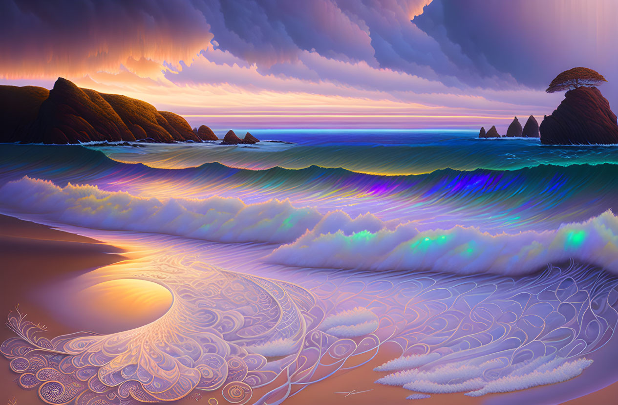 Colorful Waves Crashing on Sandy Shore Under Cloudy Sky