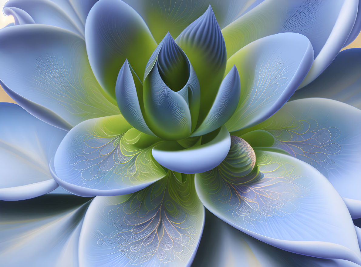 Abstract blue and green lotus flower digital illustration with intricate petal patterns