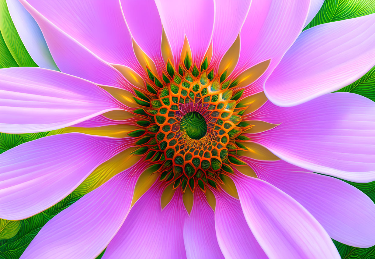 Colorful digital artwork: Pink petal flower with intricate green and orange fractal center on leafy