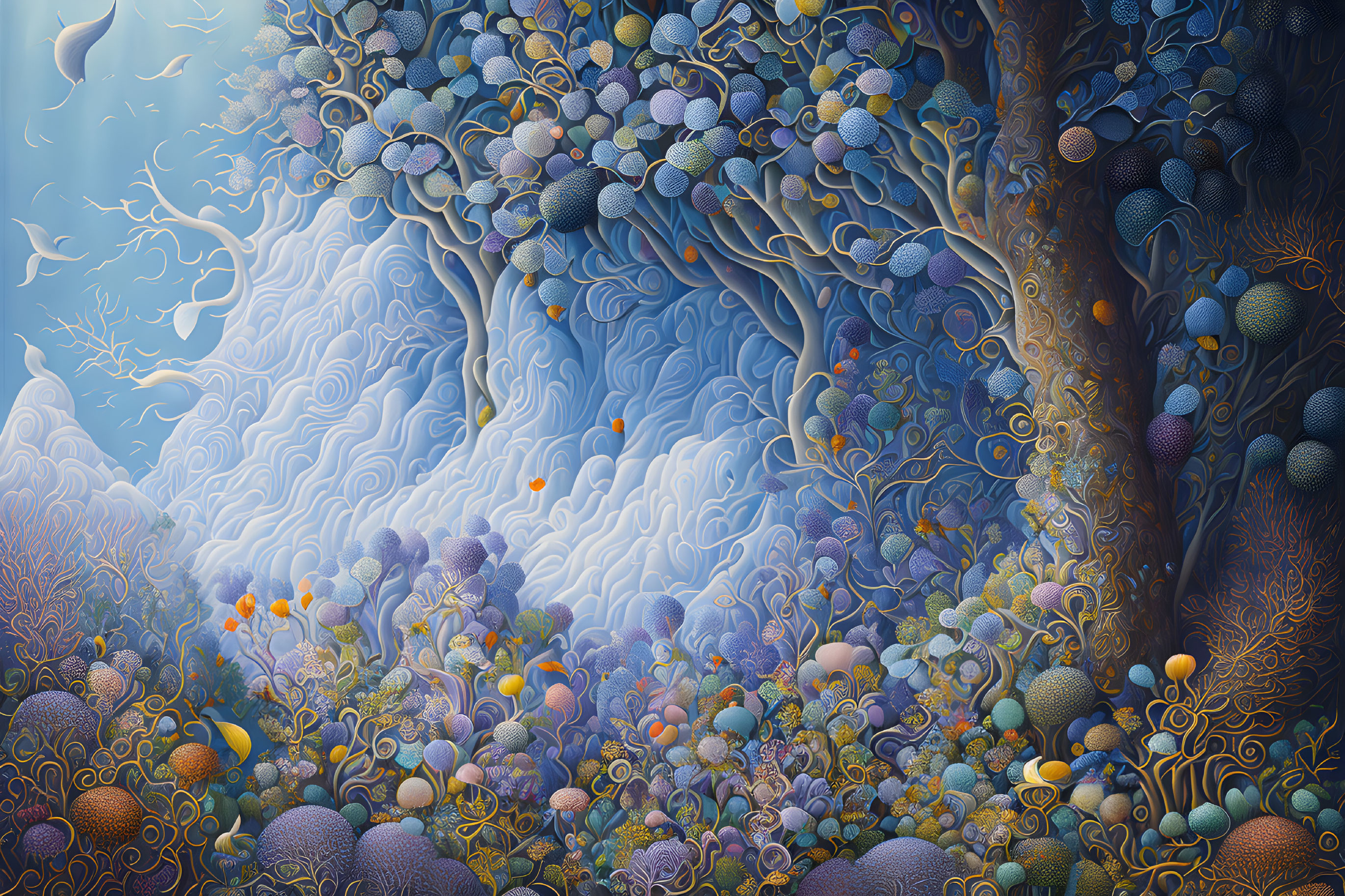 Vibrant fantasy forest with intricate trees and patterned spheres