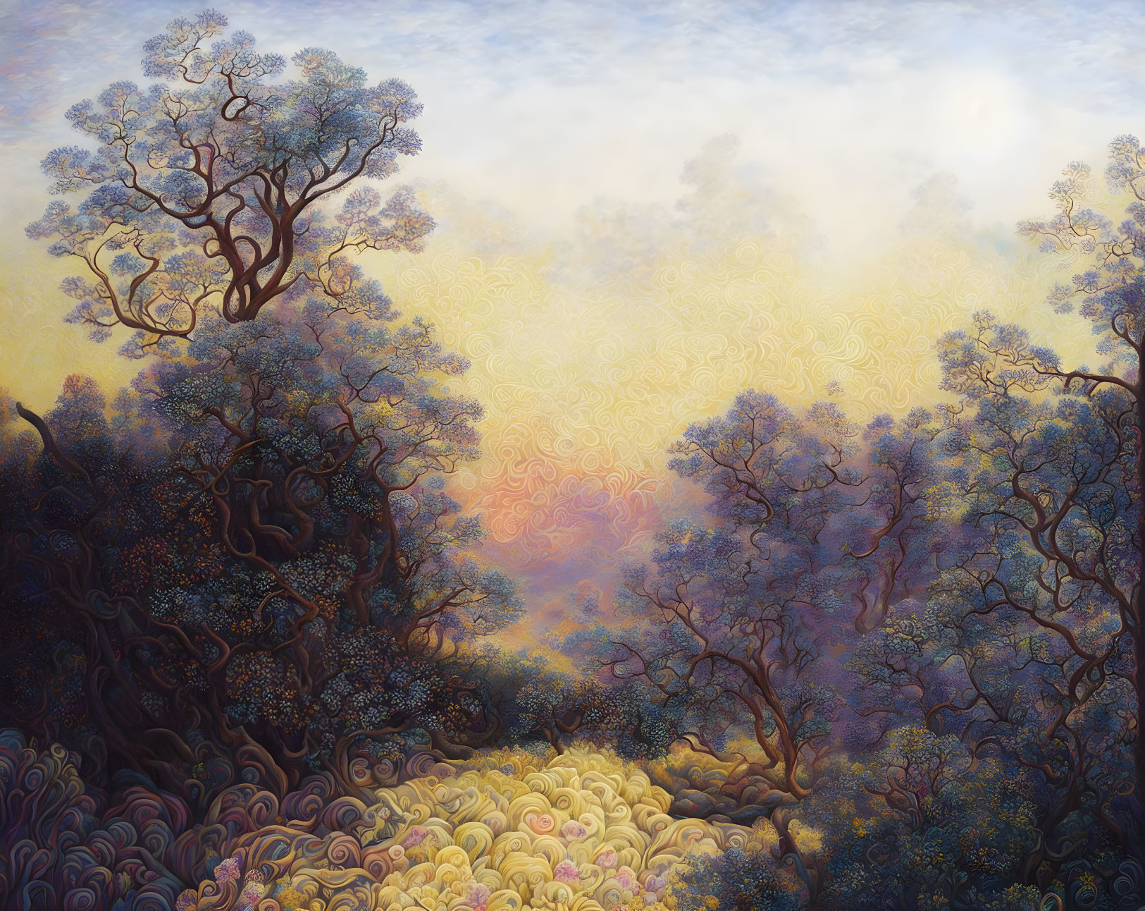 Surreal landscape with stylized trees and radiant sky