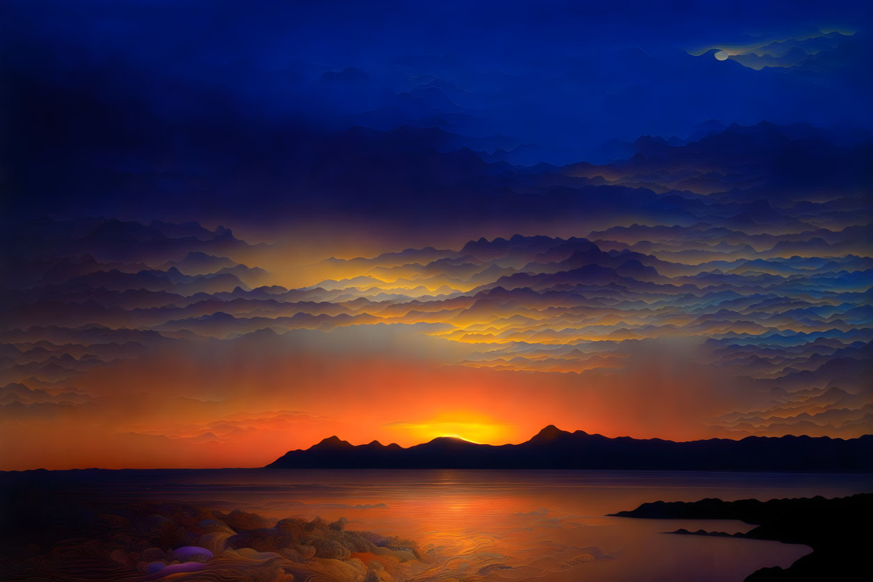 Colorful sunset sky over mountains and lake with crescent moon