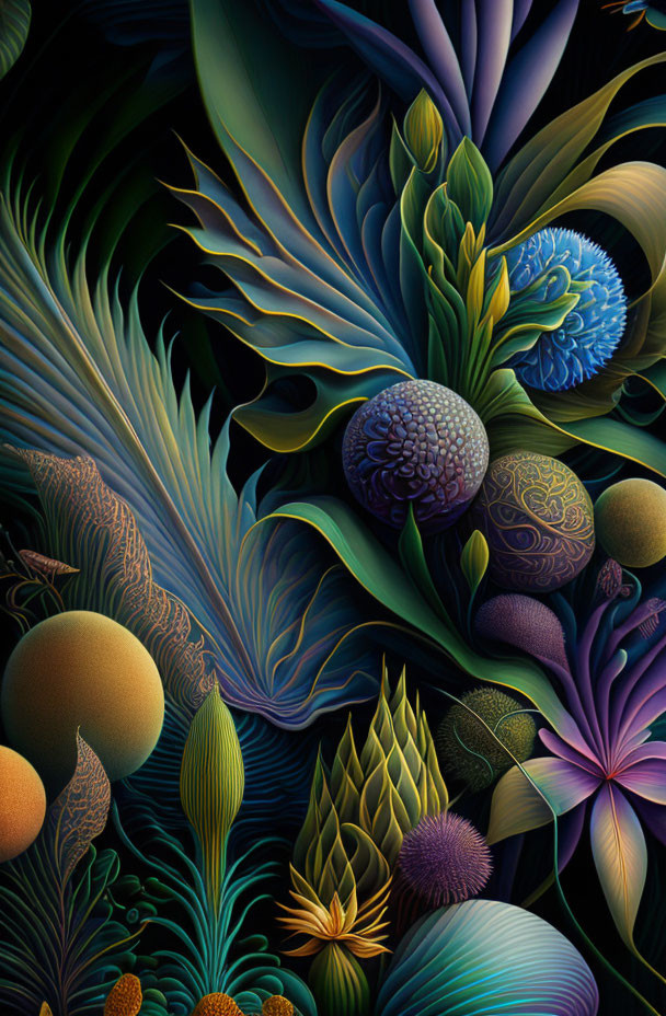 Surreal botanical scene with diverse plants in dark tones & blue-gold highlights