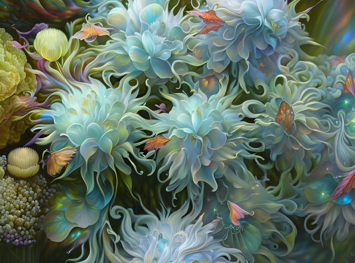 Ethereal blue flower digital artwork with glowing petals and fluttering butterfly creatures