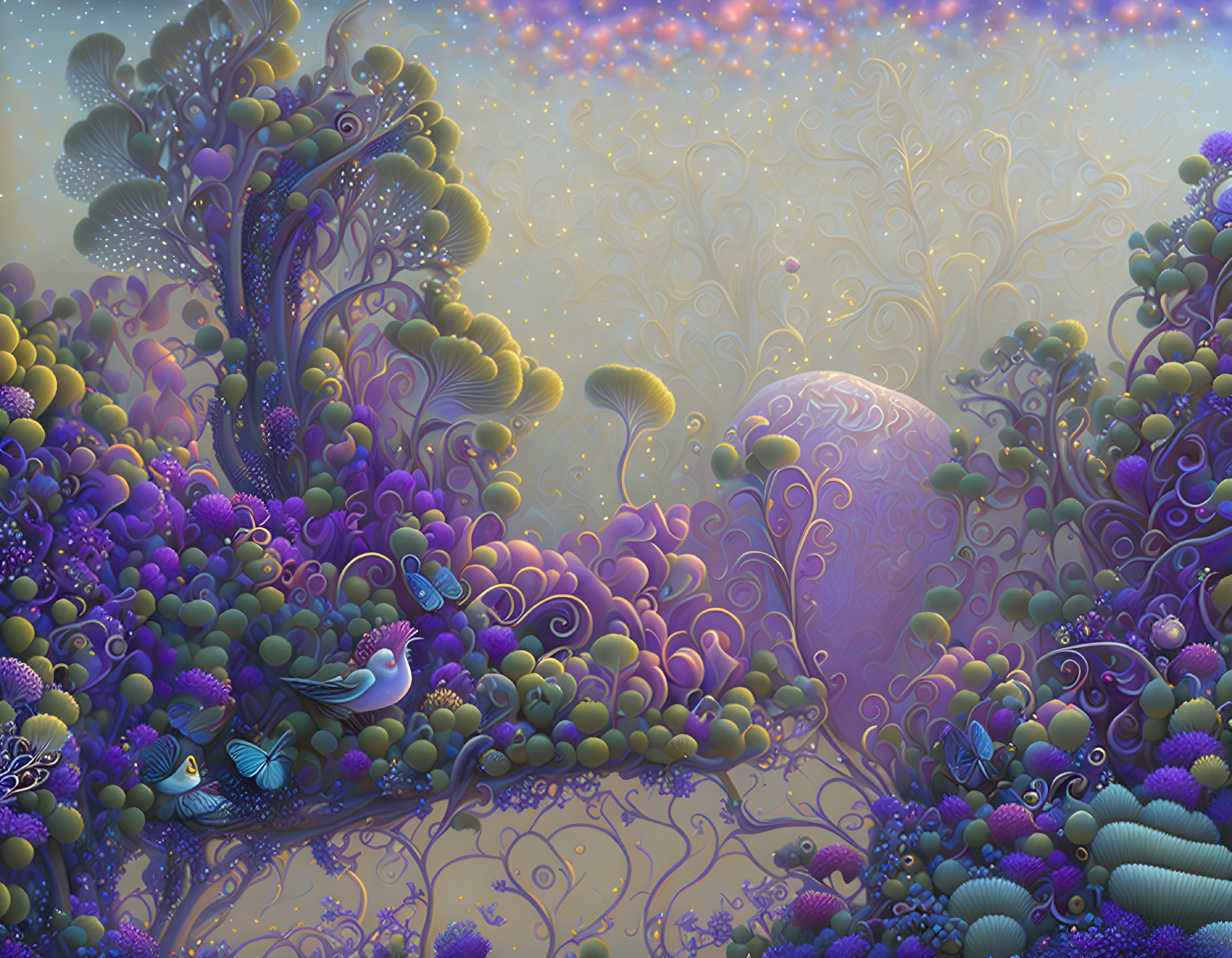 Enchanted forest digital artwork with stylized trees and purple flora